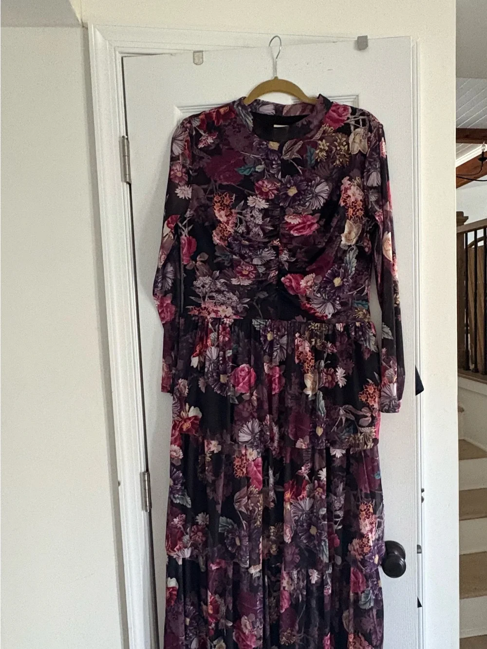 Anne Klein Black Floral Long Sleeve Tiered Midi Dress with Pink & Purple Blooms